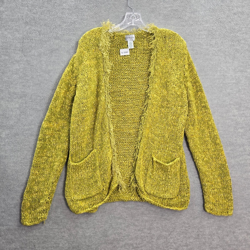 Chico's Women Sweater 3 Yellow Knit Linen Blend Cardigan‎ Long Sleeve Open Front